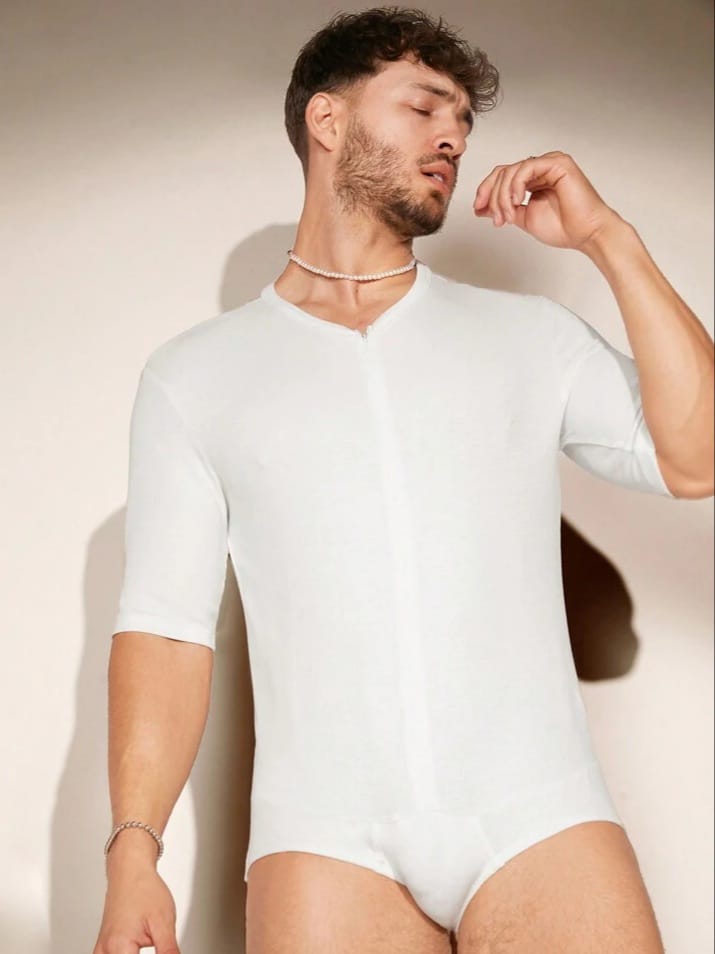 Crystal City Men's Solid V Neck Zipper Front Romper